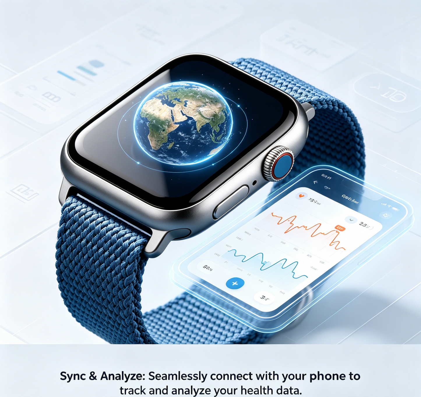 Silver Square Smart Watch Blue Braided Nylon Strap Globe Screen Fitness Health Smartwatch