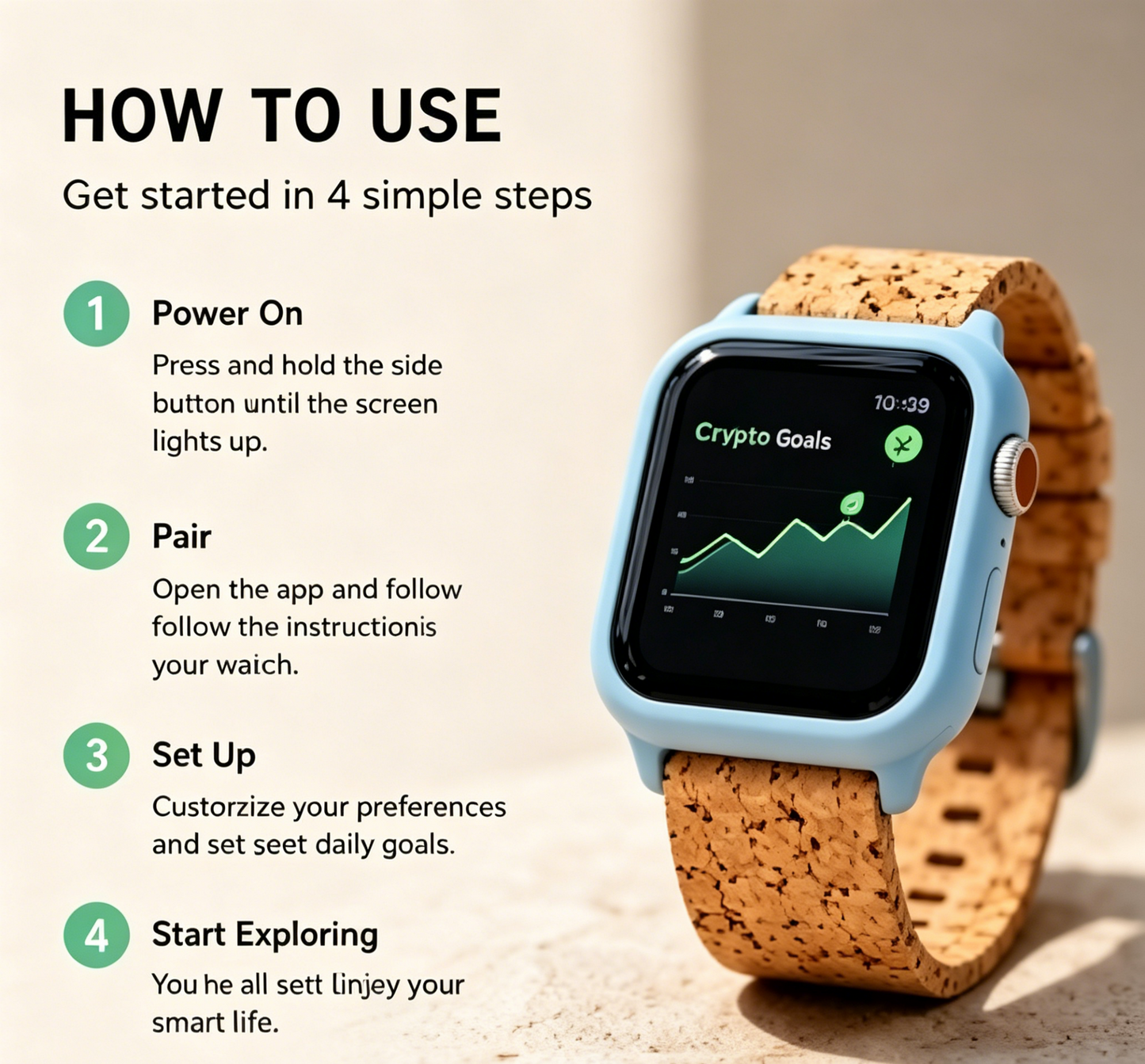 Pastel Blue Case Smart Watch Natural Cork Strap Eco-Friendly Square Fitness Smartwatch Unisex