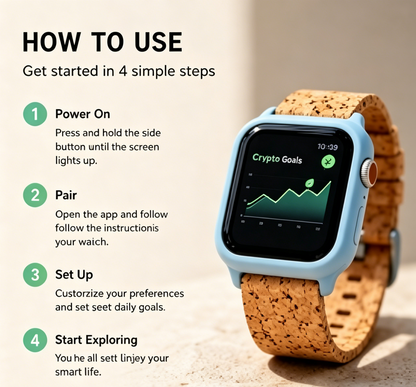 Pastel Blue Case Smart Watch Natural Cork Strap Eco-Friendly Square Fitness Smartwatch Unisex