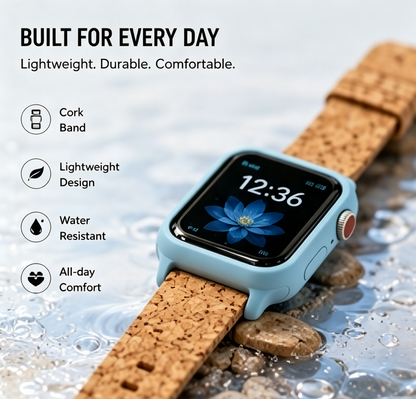 Pastel Blue Case Smart Watch Natural Cork Strap Eco-Friendly Square Fitness Smartwatch Unisex