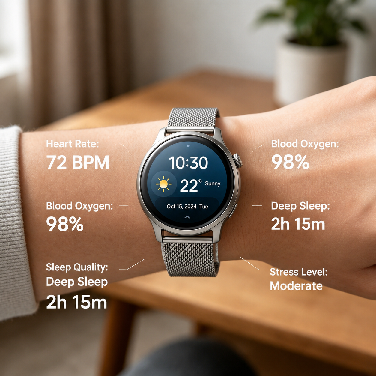 Stainless Steel Mesh Smart Watch | 24H Heart Rate Blood Oxygen Sleep Stress Monitor Sports Wristwatch