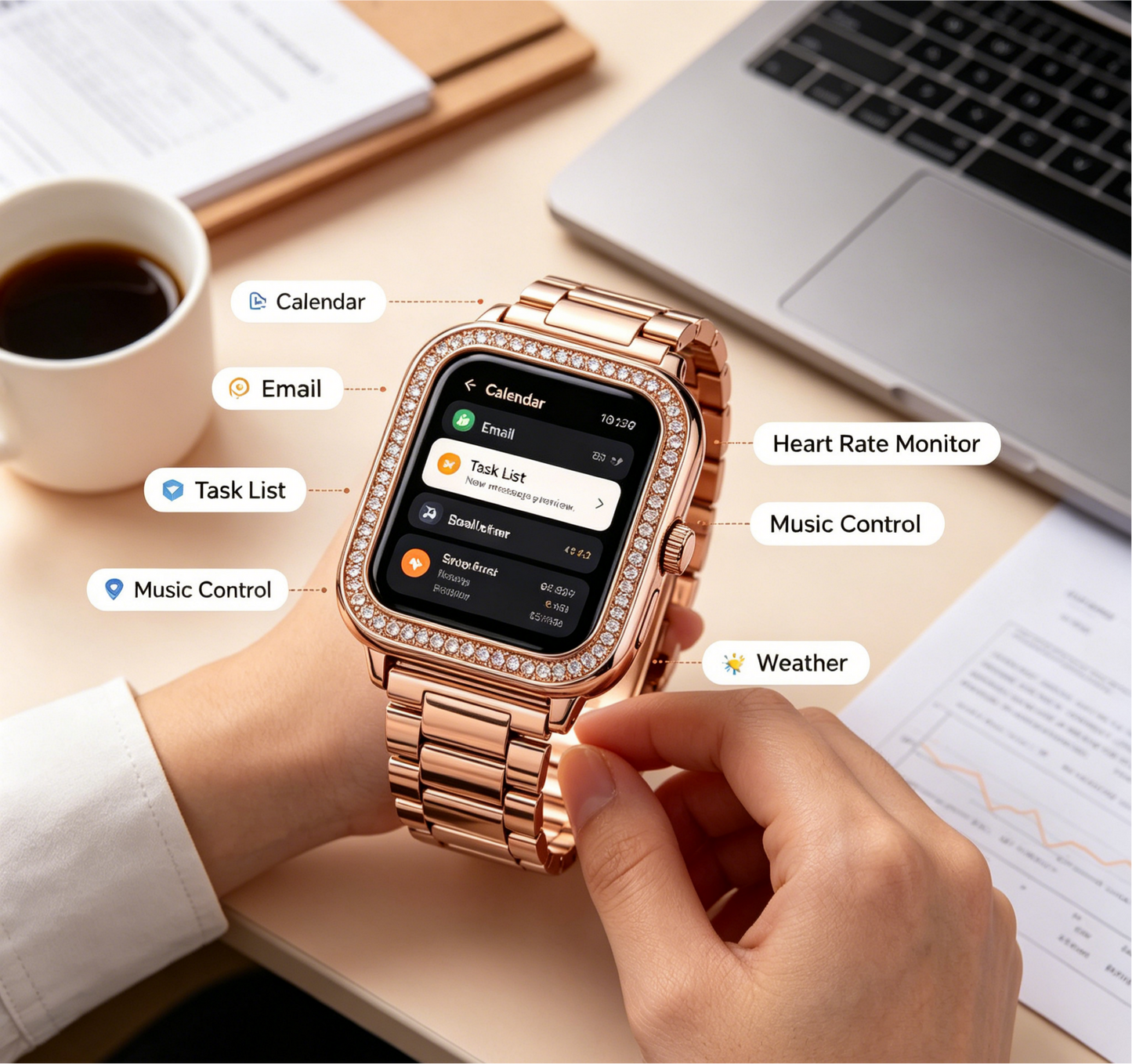 Rose Gold Diamond Bezel Smart Watch Stainless Steel Link Band Business Women Fitness Smartwatch