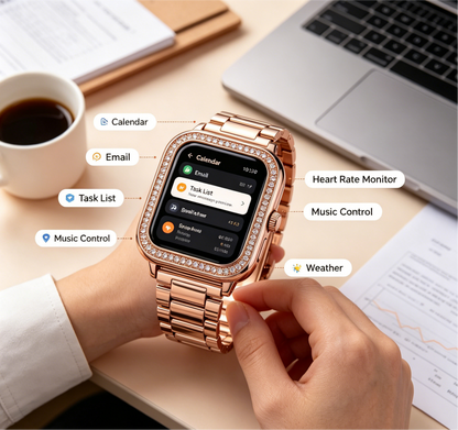 Rose Gold Diamond Bezel Smart Watch Stainless Steel Link Band Business Women Fitness Smartwatch
