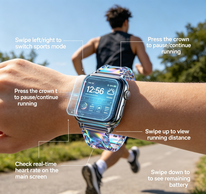 Iridescent Laser Transparent Strap Smart Watch Futuristic Holographic UI Fitness Smartwatch