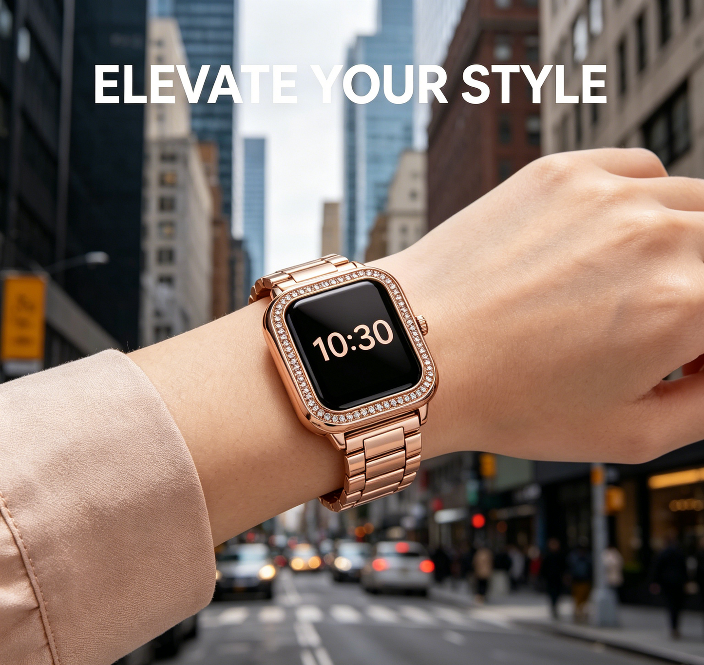 Rose Gold Diamond Bezel Smart Watch Stainless Steel Link Band Business Women Fitness Smartwatch