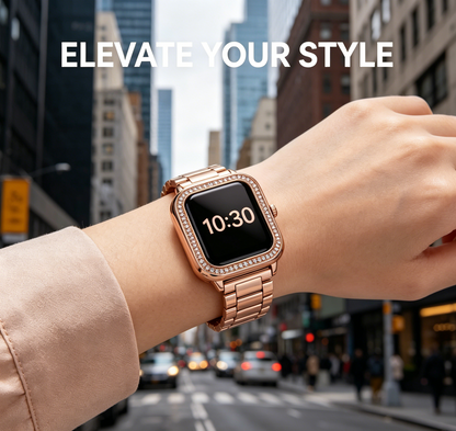Rose Gold Diamond Bezel Smart Watch Stainless Steel Link Band Business Women Fitness Smartwatch