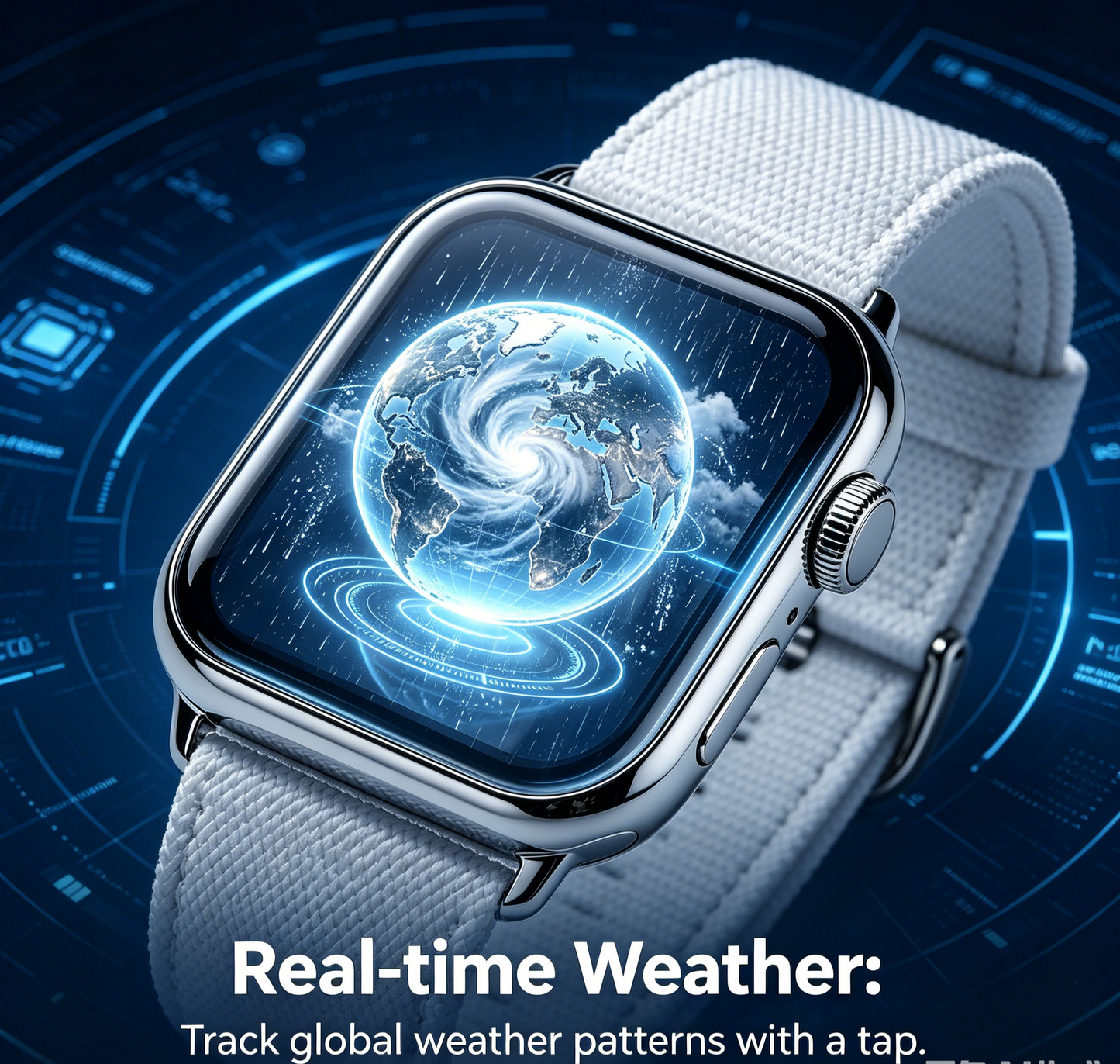 Silver Square Smart Watch with White Woven Nylon Strap Global Data Display Fitness Wristwatch