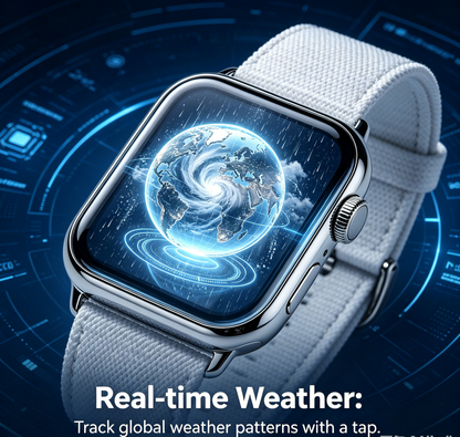 Silver Square Smart Watch with White Woven Nylon Strap Global Data Display Fitness Wristwatch