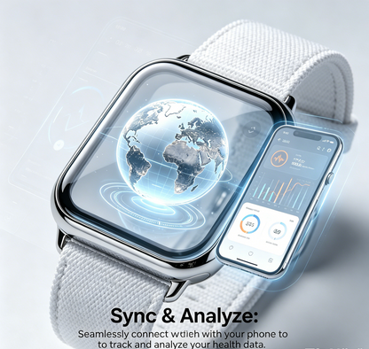 Silver Square Smart Watch with White Woven Nylon Strap Global Data Display Fitness Wristwatch