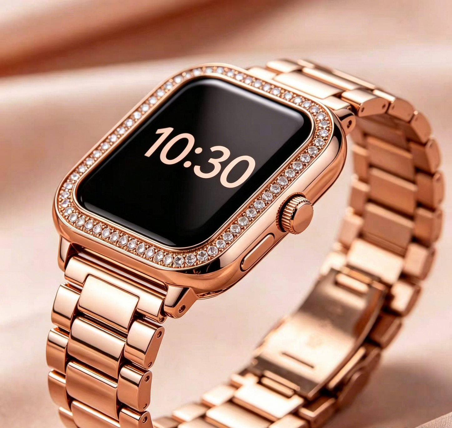 Rose Gold Diamond Bezel Smart Watch Stainless Steel Link Band Business Women Fitness Smartwatch