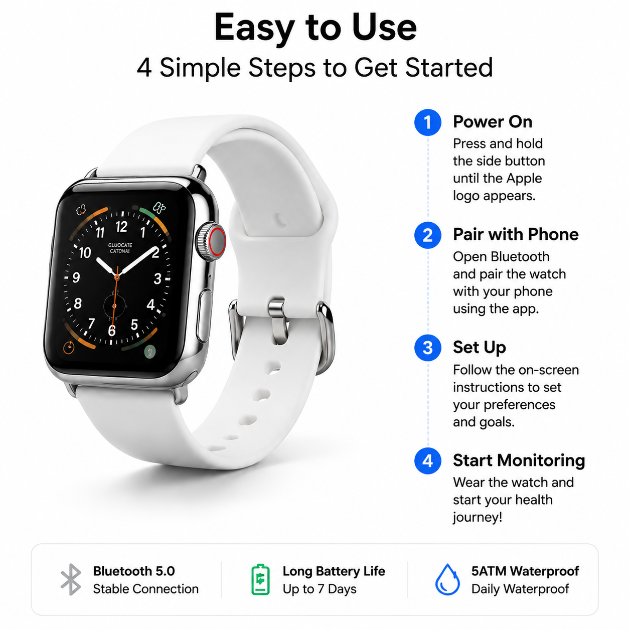 Silver Metal Case Smart Watch White Silicone Band Sports Fitness Smartwatch for Men Women