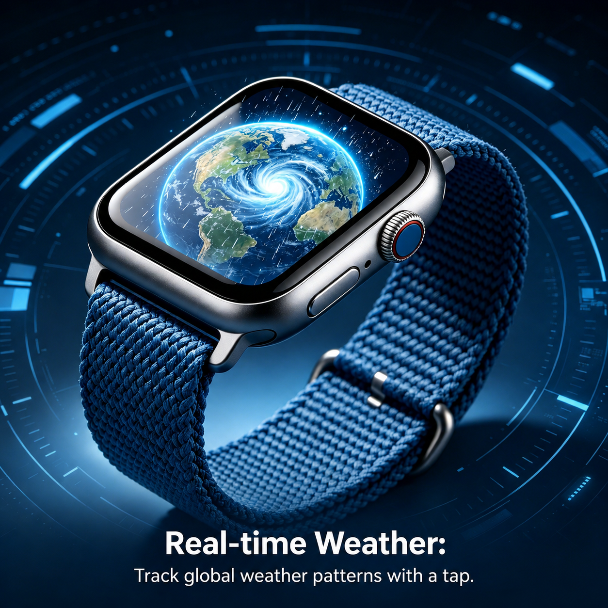 Silver Square Smart Watch Blue Braided Nylon Strap Globe Screen Fitness Health Smartwatch