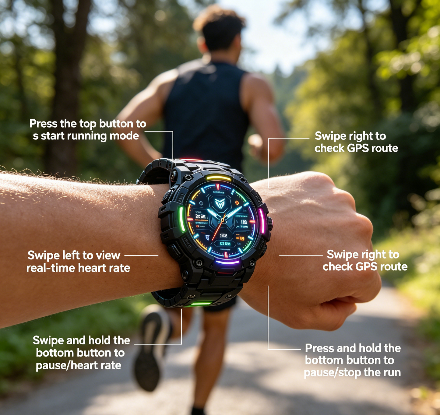 Rugged Military Smart Watch RGB Neon Light Sports Fitness Tracker Waterproof Men’s Digital Wristwatch