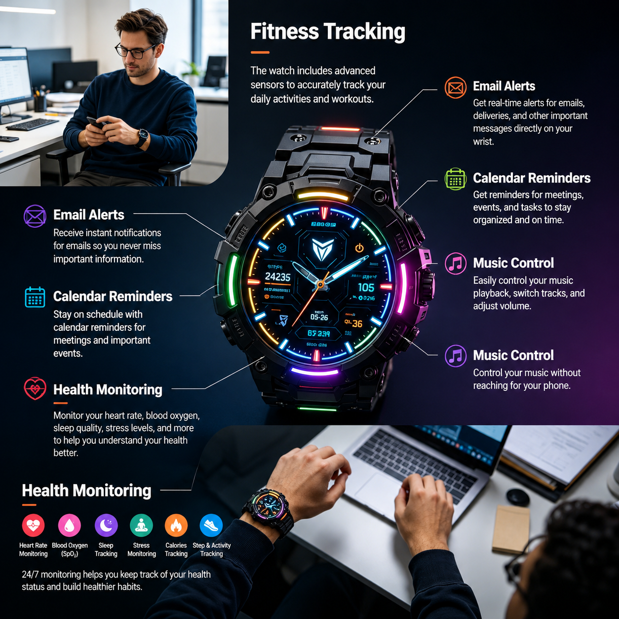 Rugged Military Smart Watch RGB Neon Light Sports Fitness Tracker Waterproof Men’s Digital Wristwatch