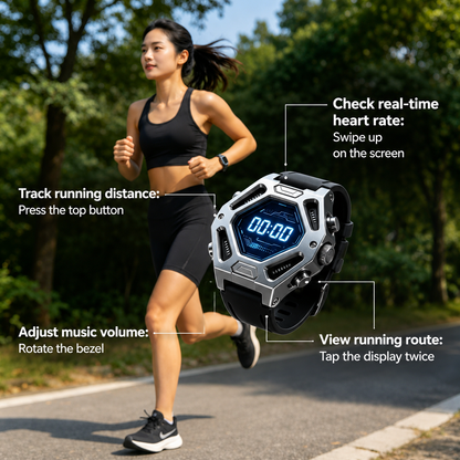 Hexagonal Digital Tactical Smart Watch Silver Metal Frame Blue LED Display Sports Fitness Watch for Men