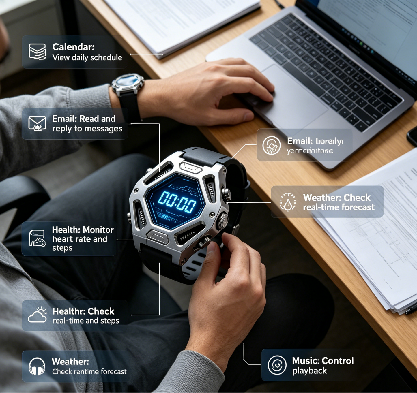 Hexagonal Digital Tactical Smart Watch Silver Metal Frame Blue LED Display Sports Fitness Watch for Men