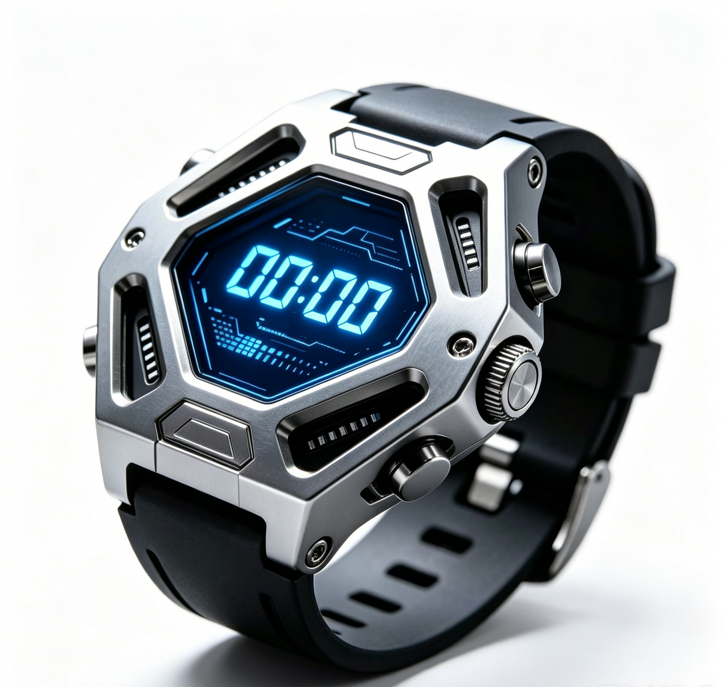 Hexagonal Digital Tactical Smart Watch Silver Metal Frame Blue LED Display Sports Fitness Watch for Men