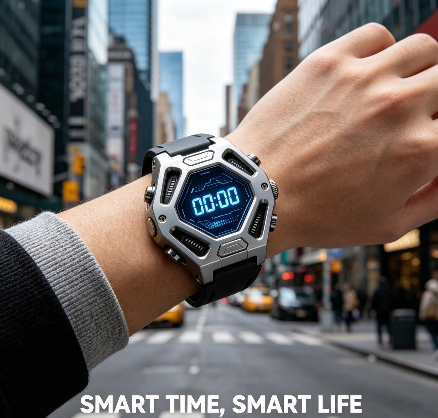 Hexagonal Digital Tactical Smart Watch Silver Metal Frame Blue LED Display Sports Fitness Watch for Men