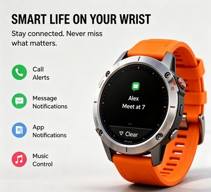 Silver Metal Bezel Outdoor Sports Smart Watch Orange Silicone Strap Heart Rate Step Fitness Tracker