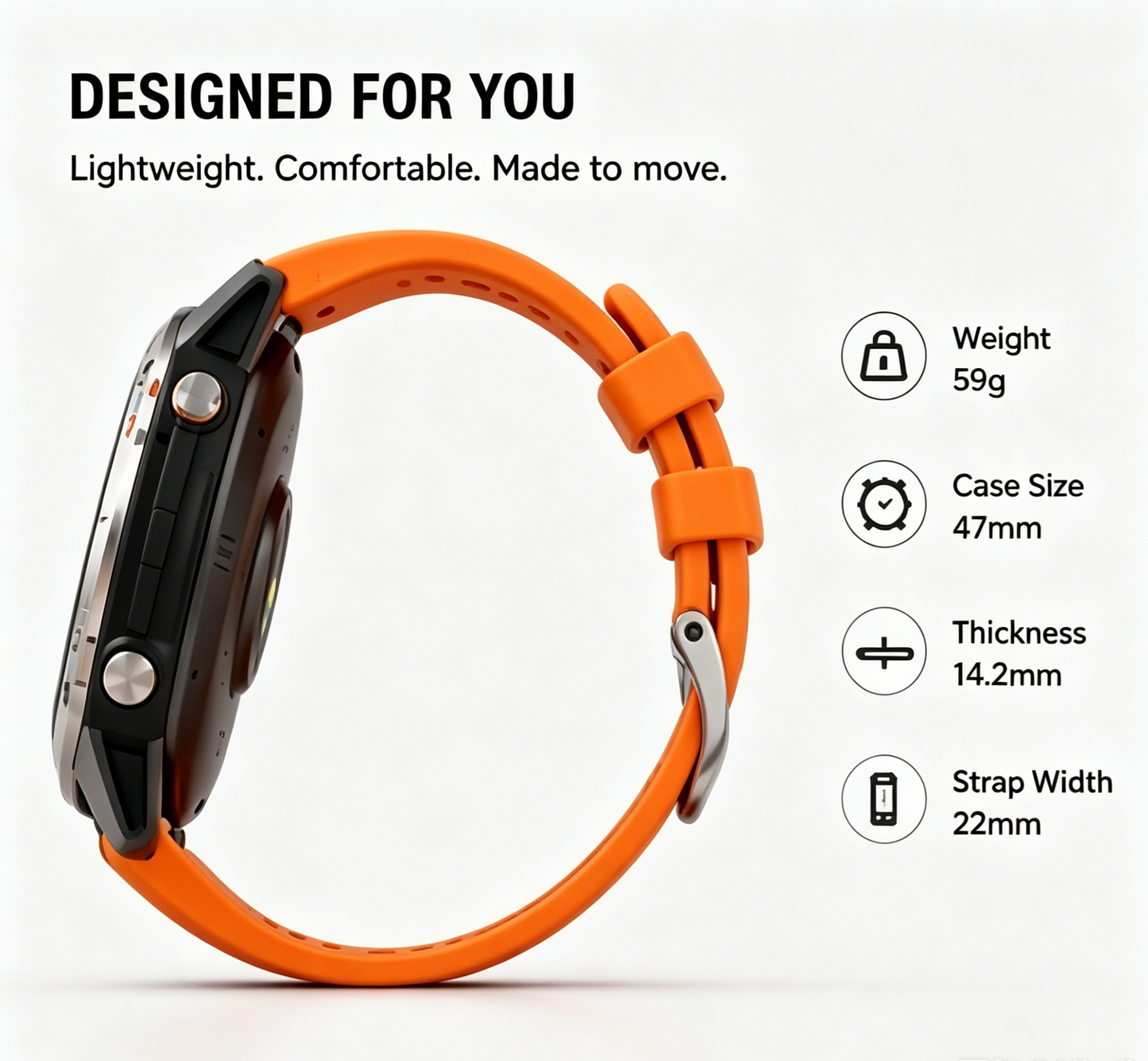 Silver Metal Bezel Outdoor Sports Smart Watch Orange Silicone Strap Heart Rate Step Fitness Tracker
