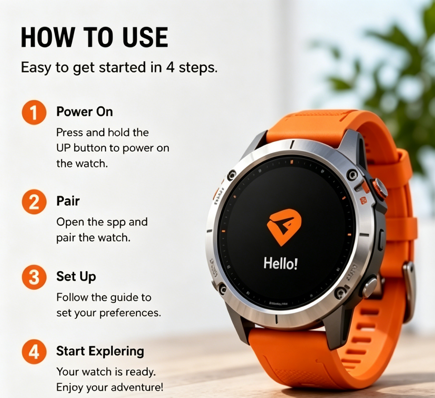Silver Metal Bezel Outdoor Sports Smart Watch Orange Silicone Strap Heart Rate Step Fitness Tracker